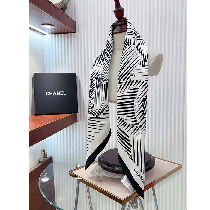 Chanel CC Women Square Scarf Silk Twill White Black