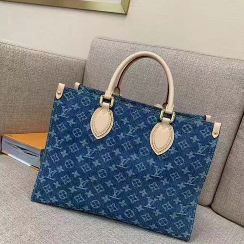Louis Vuitton LV Women OnTheGo MM Denim Blue GOTS Certified Cotton Monogram Denim Canvas