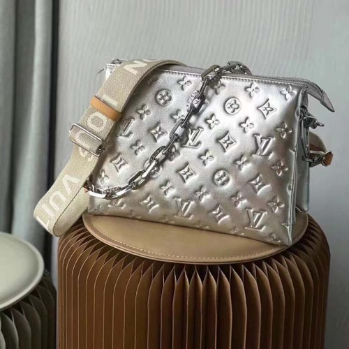 Louis Vuitton LV Women Coussin PM Handbag Silver Lambskin Cowhide Lining