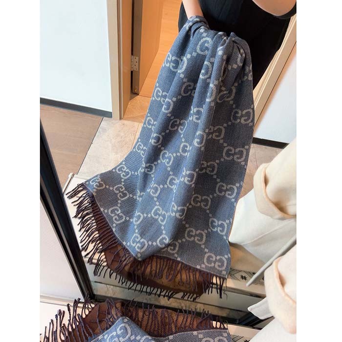 Gucci Unisex GG Cashmere Jacquard Scarf Blue Beige GG Cashmere Jacquard