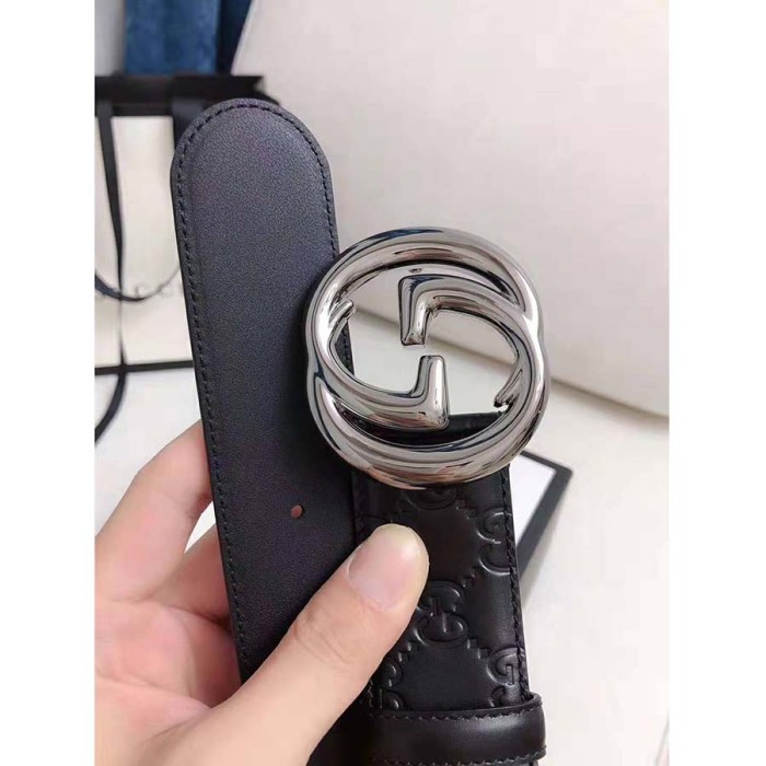Gucci Unisex Gucci Signature Leather Belt with Interlocking G Buckle-Black