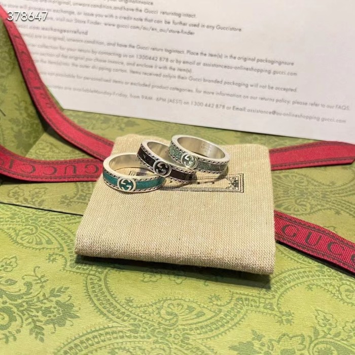 Gucci Unisex GG Ring Interlocking G 925 Sterling Silver Black Enamel Decorative Ridge