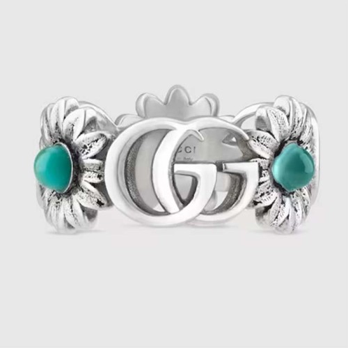 Gucci Unisex Double G Mother Of Pearl Ring Flowers Resin Blue Topaz Stones 925 Sterling Silver