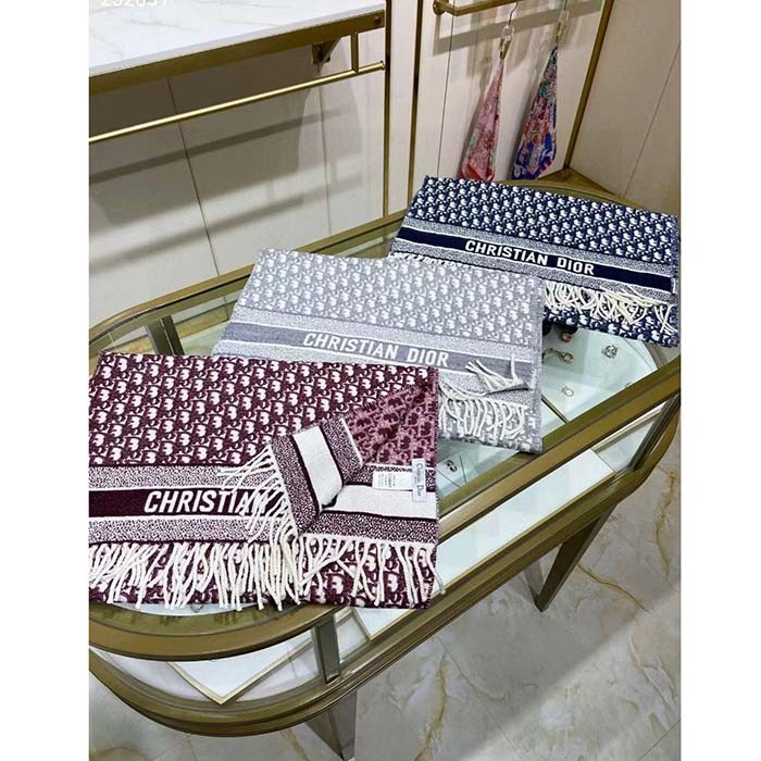 Dior Unisex CD Dior Oblique Scarf Navy Blue Cashmere Double-Sided Fringed Ends