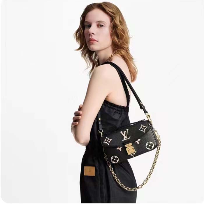Louis Vuitton LV Women Pochette Métis East West Bag Black Beige Grained Cowhide Leather