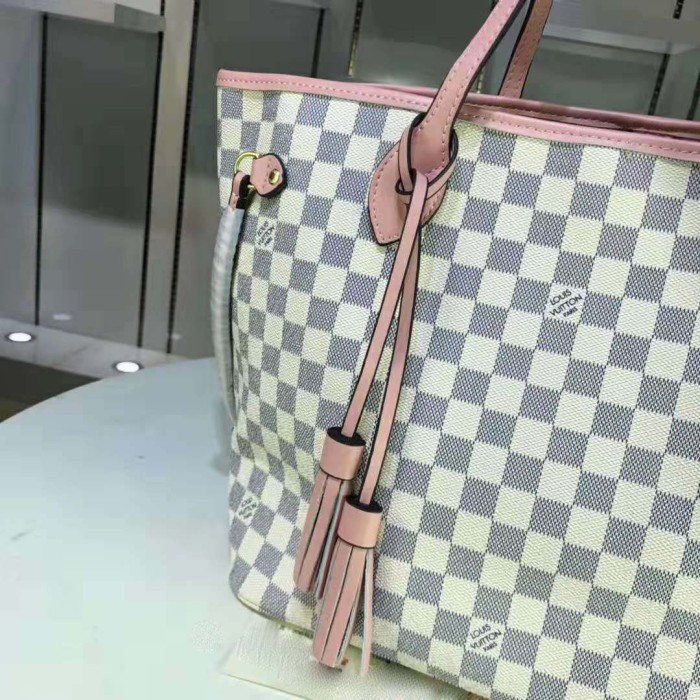Louis Vuitton LV Women Neverfull MM Tote Bag in Damier Azur Canvas-Pink