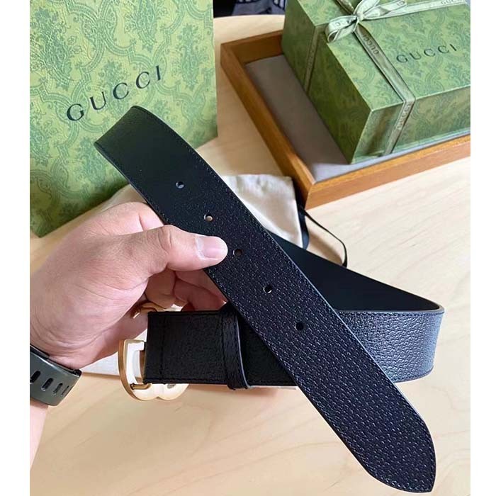 Gucci Unisex GG Wide Leather Belt Double G Buckle 3.8 CM Width Black Metal-Free Tanned