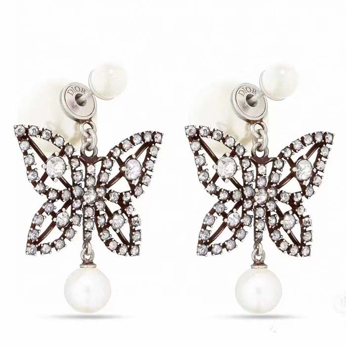 Dior Women CD Papillon De Nuit Earrings Antique Silver Metal Pearls