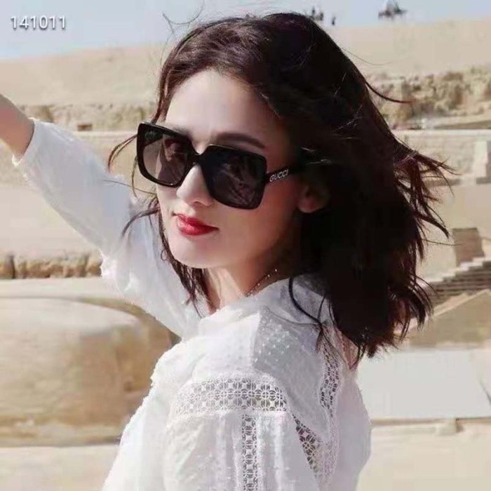 Gucci Unisex Rectangular-Frame Acetate Sunglasses Shiny Black Acetate Temples Crystals