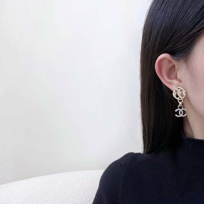 Chanel Women CC Pendant Earrings Metal Resin Strass Gold White Crystal