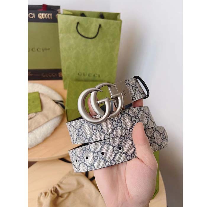 Gucci Unisex GG Marmont Reversible Belt Beige Blue GG Supreme Canvas Double G Buckle