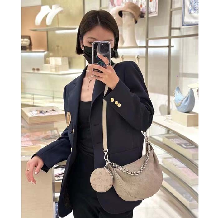 Louis Vuitton Women LV Baia PM Galet Gray Perforated Mahina Calfskin Round Coin Purse