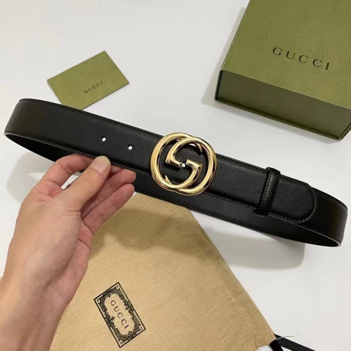 Gucci Unisex GG Blondie Belt Round Interlocking G Buckle Black Leather 4 CM Width