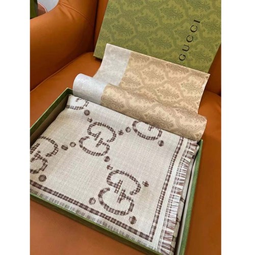 Gucci Unisex GG Wool Jacquard Scarf Ivory Beige Houndstooth Fringe Trim