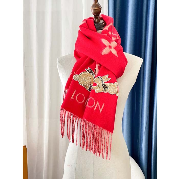 Louis Vuitton LV Women Precious Rabbit Essential Scarf Red Wool Jacquard Monogram
