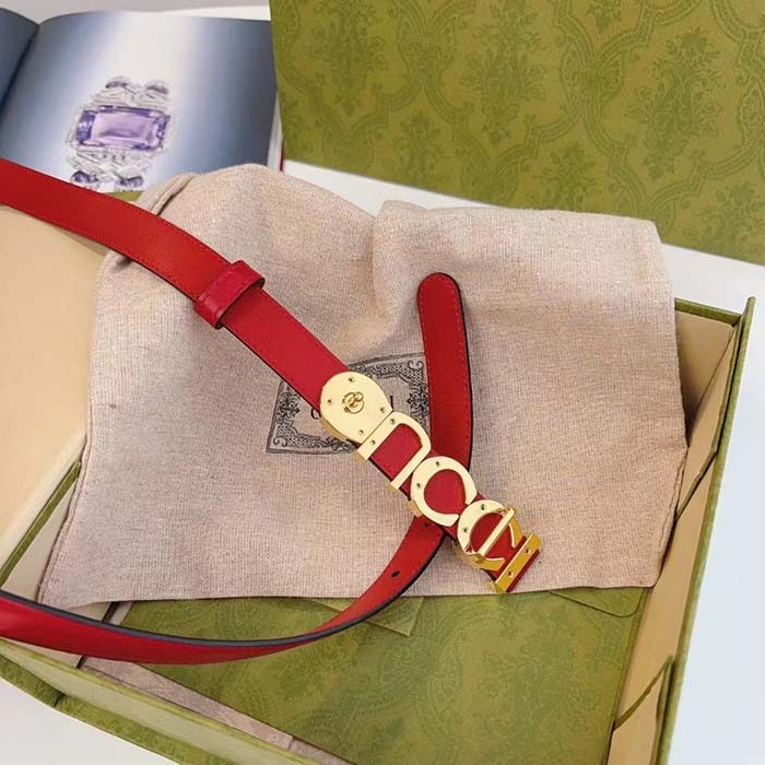 Gucci Unisex Buckle Thin Belt Red Leather Gold-Toned Hardware 1.5 CM Width