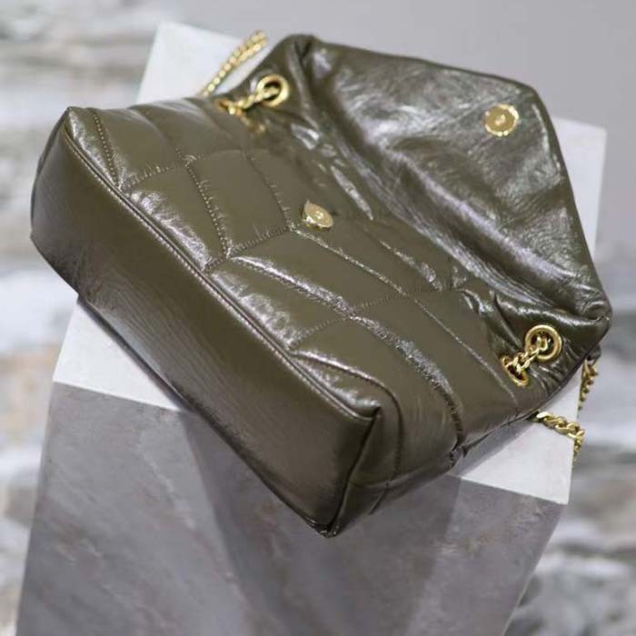 Saint Laurent YSL Women Puffer Small Quilted Crackled Calfskin Leather Dark Green