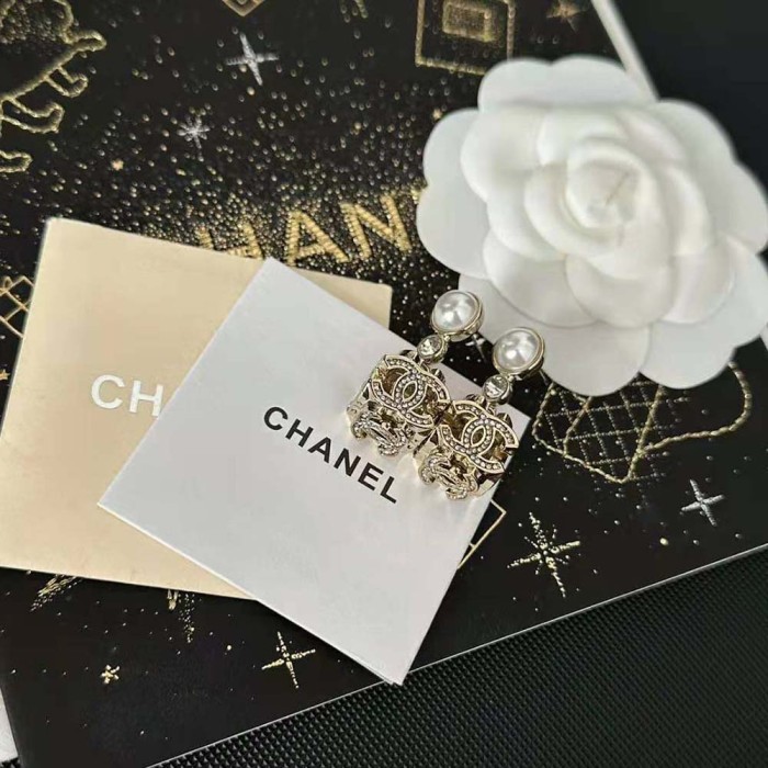 Chanel Women Pendant Earrings Metal Glass Pearls and Strass