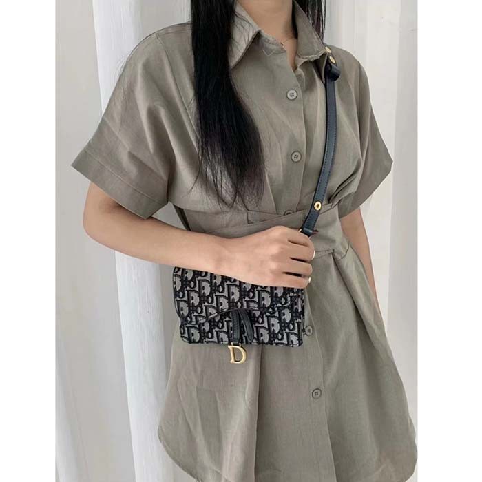 Dior Unisex CD Saddle Belt Pouch Blue Oblique Jacquard Front 'D' Stirrup