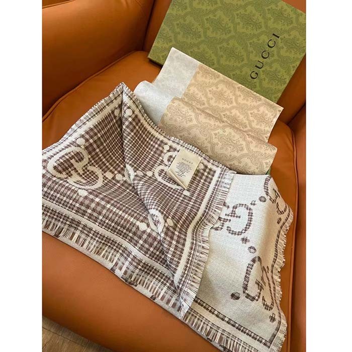 Gucci Unisex GG Wool Jacquard Scarf Ivory Beige Houndstooth Fringe Trim
