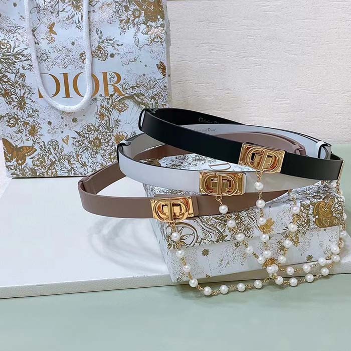 Dior Women CD Cinturon Dior Caro Belt Brown Smooth Calfskin White Glass Pearls 20 MM Width