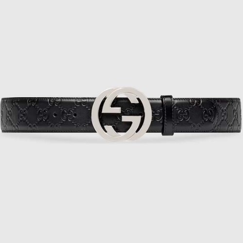Gucci Unisex GG Signature Leather Belt Black Interlocking G Buckle 3.8 CM Width