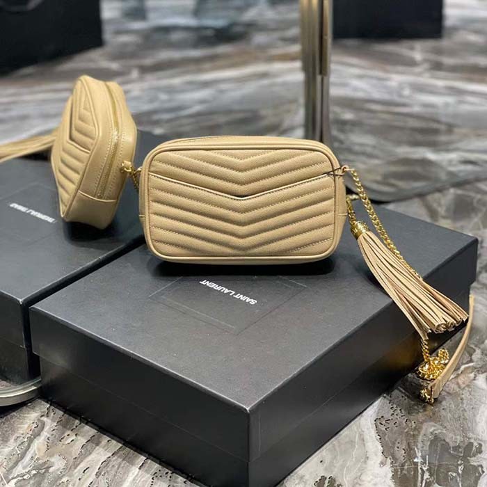 Saint Laurent YSL Women Mini Lou Quilted Leather Beige Gold Zip Closure