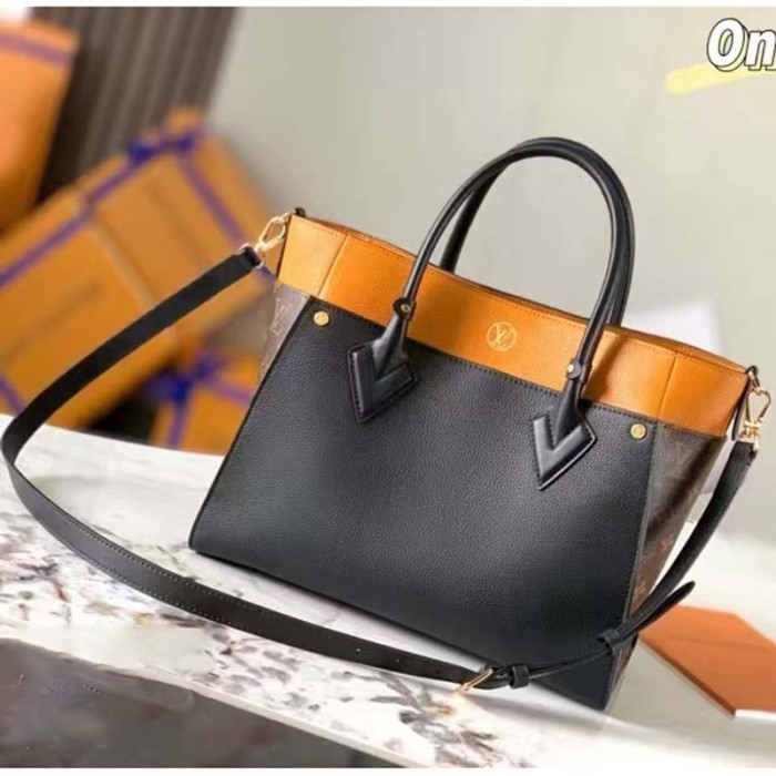 Louis Vuitton LV Women On My Side MM Tote Bag Black Twist Calfskin Monogram Coated Canvas