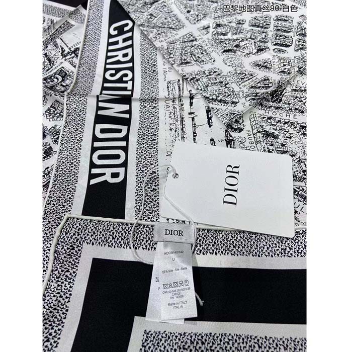 Dior Women CD Plan De Paris 90 Square Scarf White Black Silk Twill