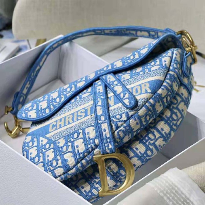 Dior Women Saddle Bag Cornflower Blue Dior Oblique Embroidery