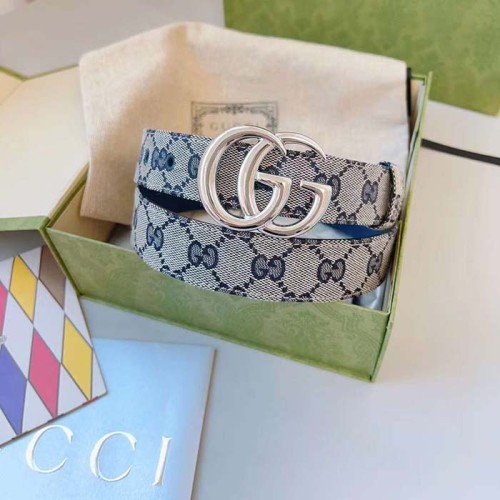 Gucci Unisex GG Marmont Reversible Belt Beige Blue Canvas Double G Buckle