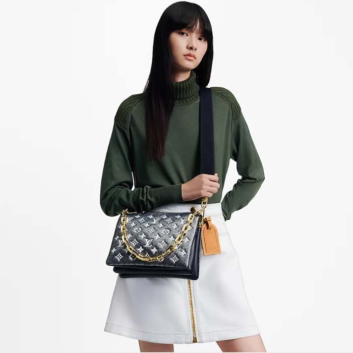 Louis Vuitton LV Women Coussin PM Handbag Blue Lambskin Cowhide Leather Zip Closure