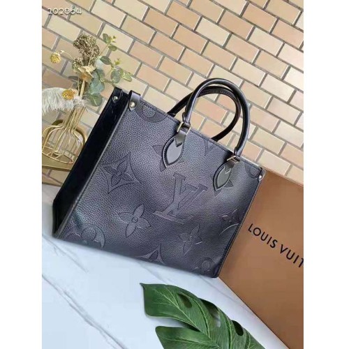 Louis Vuitton Women Onthego MM Tote Bag Black Embossed Grained Cowhide