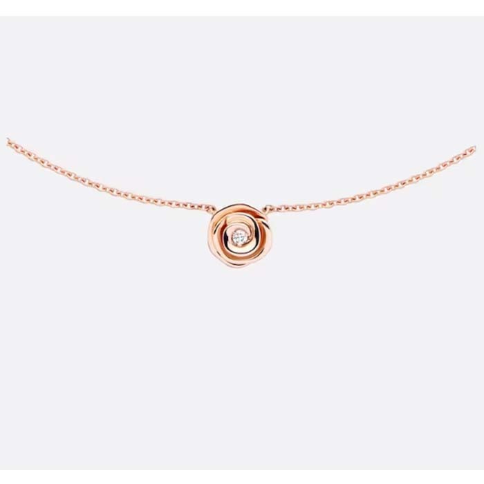 Dior Women CD Large Rose Dior Couture Necklace Pink Gold Diamonds 0.07 ct