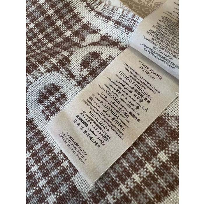 Gucci Unisex GG Wool Jacquard Scarf Ivory Beige Houndstooth Fringe Trim