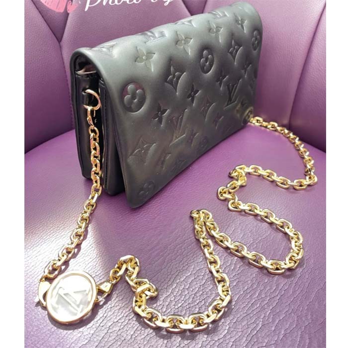 Louis Vuitton LV Women Pochette Coussin Green Monogram-Embossed Puffy Lambskin Cowhide-Leather M82474