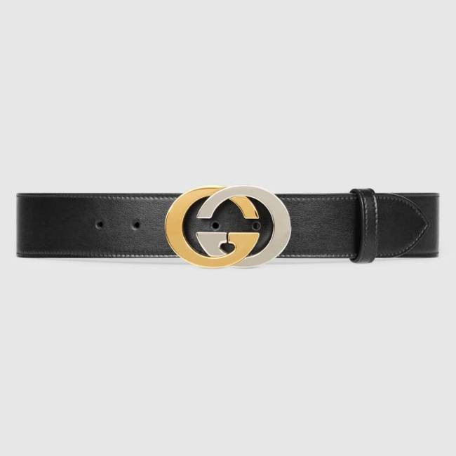 Gucci Unisex Leather Belt with Interlocking G Buckle 4 cm Width Black Leather