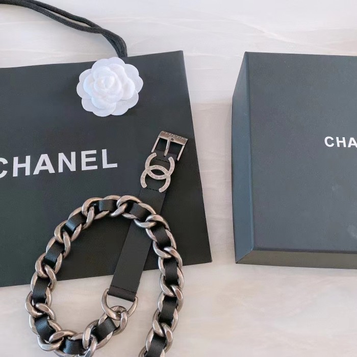 Chanel Women CC Chain Belt Calfskin Leather Silver-Tone Metal Strass Black