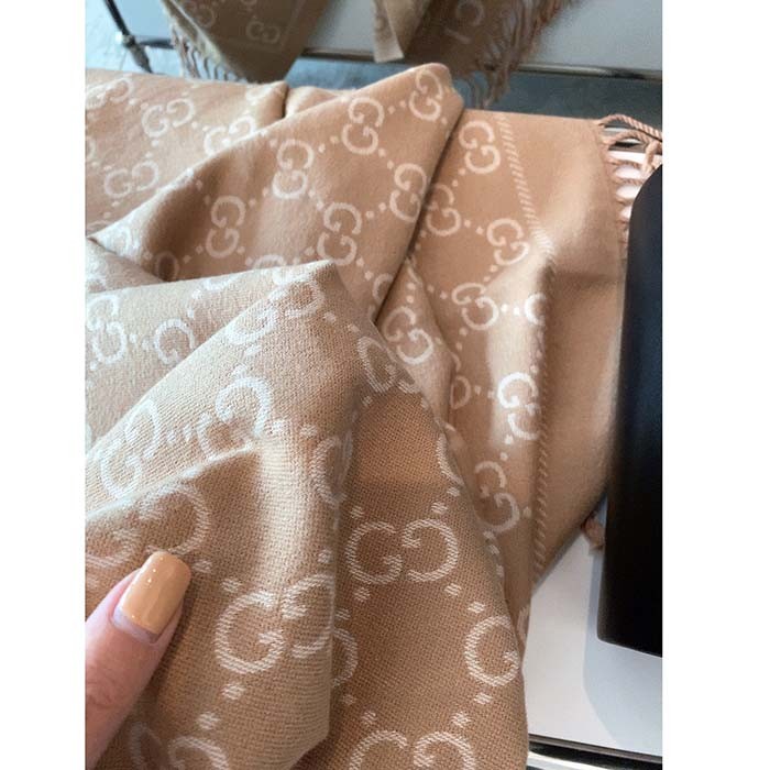 Gucci Unisex GG Wool Scarf Ivory Mini GG Black Tassel Detail