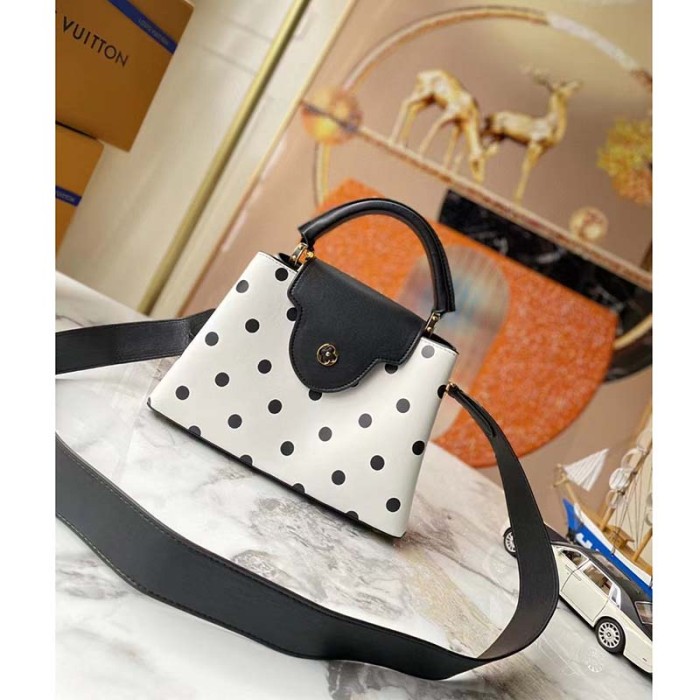 Louis Vuitton LV Women Capucines BB Black White Calfskin Cowhide Leather