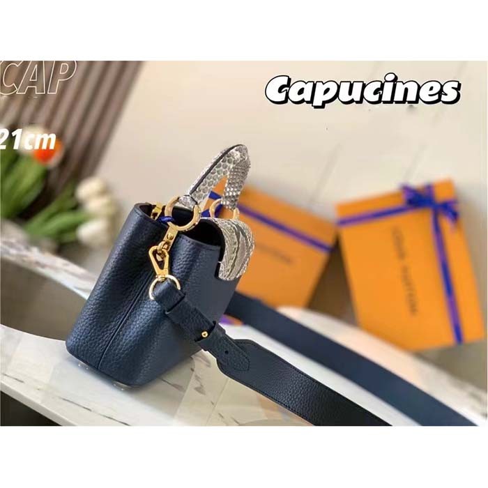 Louis Vuitton LV Women Capucines Mini Handbag Navy Taurillon Leather Python Skin