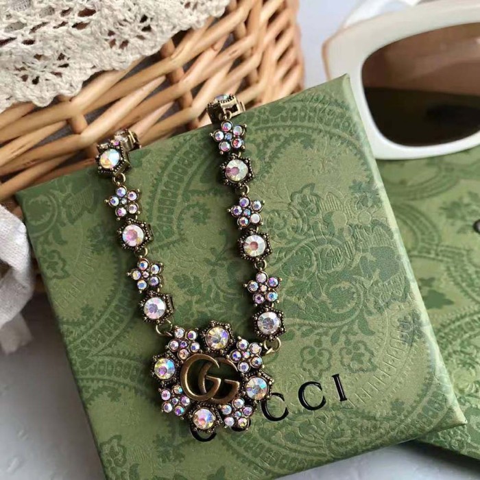 Gucci Women Double G Crystal Flowers Necklace