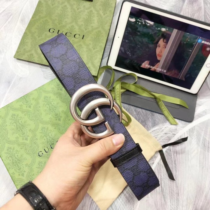 Gucci Unisex GG Marmont Reversible Belt Dark Blue Supreme Canvas Double G Buckle