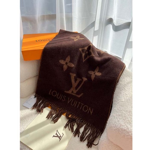 Louis Vuitton LV Unisex Reykjavik Scarf Dark Brown Cashmere Jacquard Weave Oversized Monogram