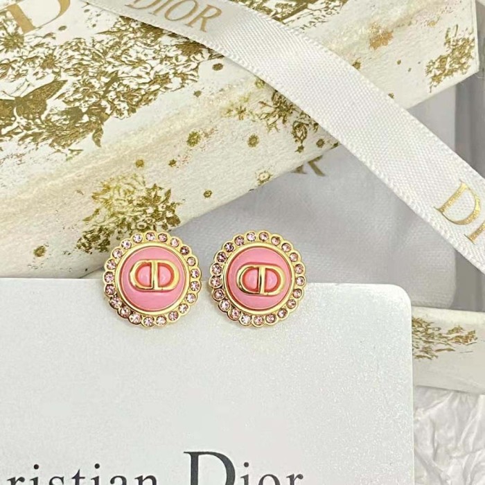 Dior Women Petit CD Stud Earrings Gold-Finish Metal Pink Crystals and Light Pink Glass