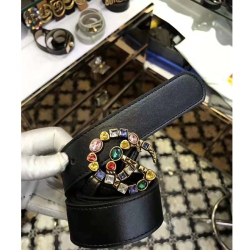 Gucci Women Leather Belt with Crystal Double G Buckle in Black