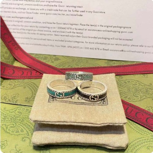 Gucci Unisex GG Ring Interlocking G 925 Sterling Silver Brown Turquoise Enamel Engraved Trim