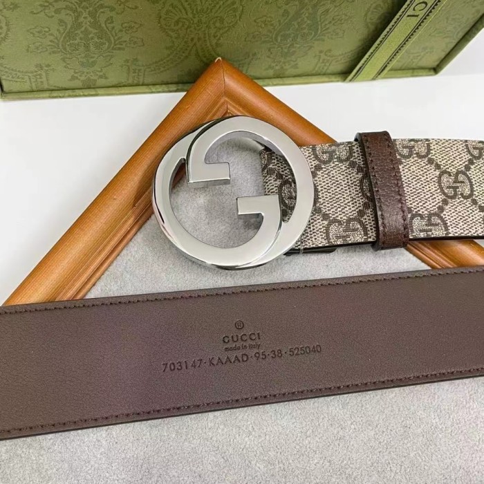 Gucci Unisex GG Blondie Belt Round Interlocking G Buckle Beige Ebony Supreme Canvas