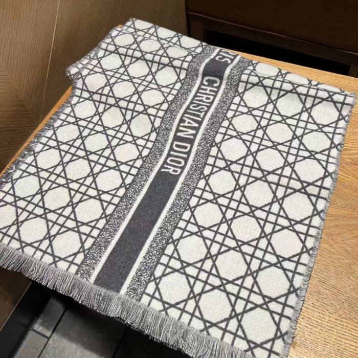 Dior Unisex CD Cannage Scarf Gray Ecru Cashmere Virgin Wool