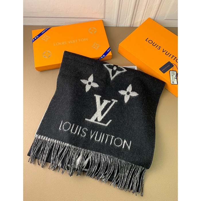 Louis Vuitton LV Unisex Reykjavik Scarf Black Soft Cashmere Monogram Pattern